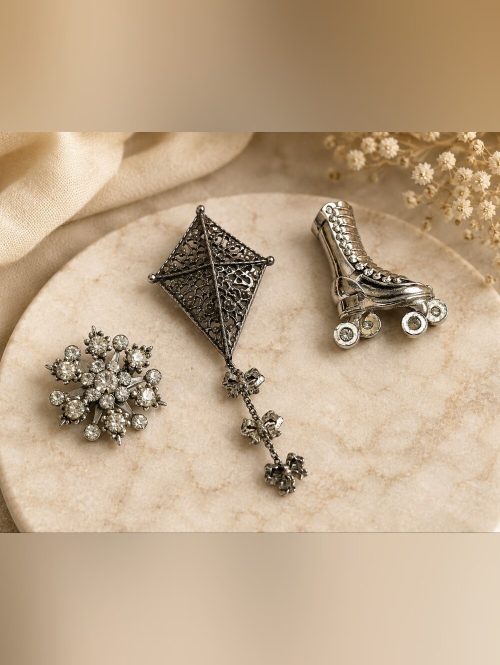 Vintage Silver-Tone Brooch Lot – Roller Skate, Kite & Floral Brooch